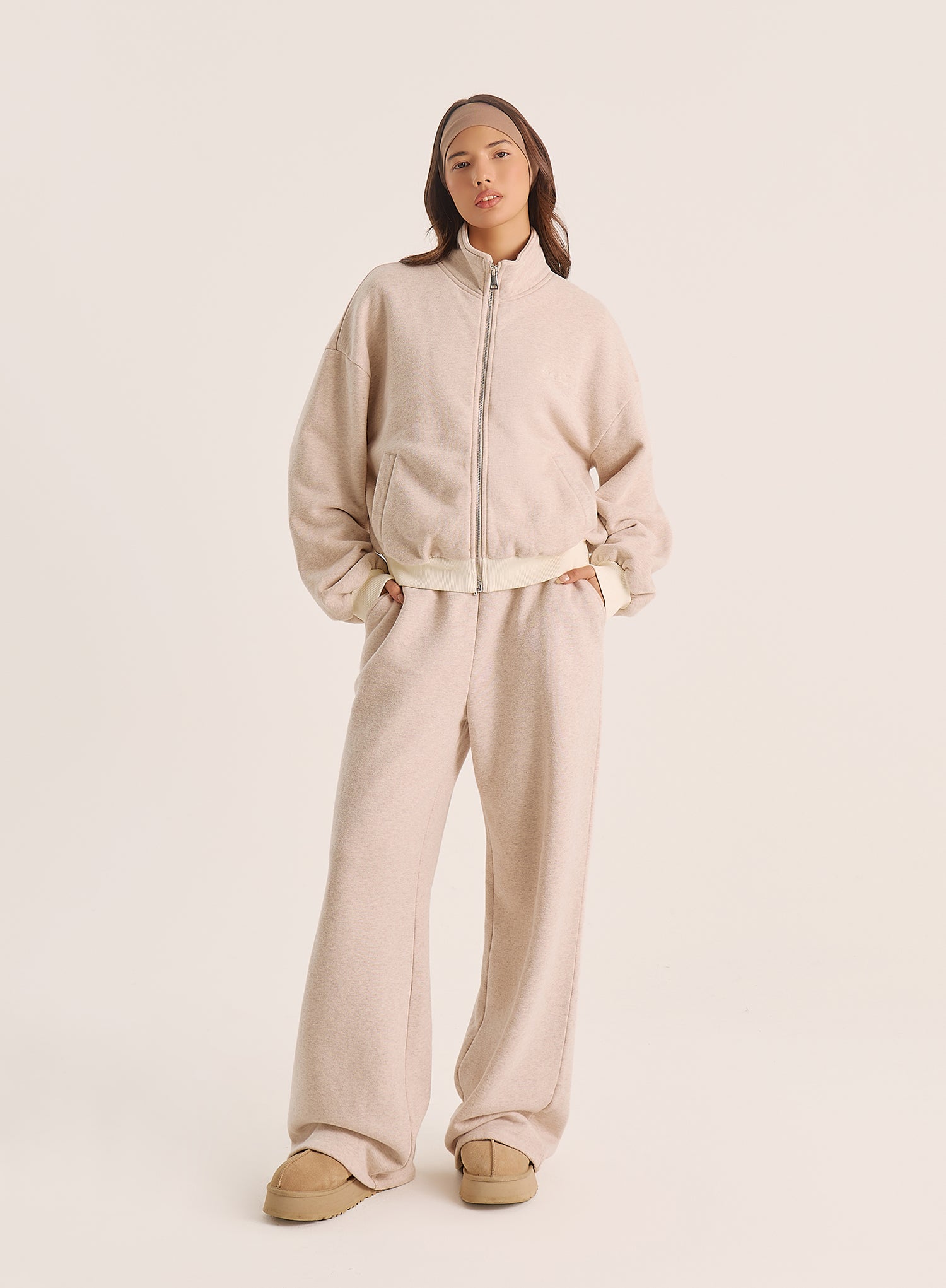 Oatmeal Logo Detail Ribbed Cuff Zip Sweatshirt